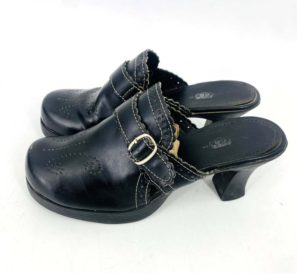 Vintage Y2K Route 66 Black Leather Heeled Clogs Buckle Mules Women's 8.5